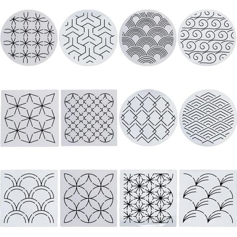 12 Pochoirs Sashiko, Motifs géométriques, Plastique flexible, 14 x 14 cm, pour Couture et Matelassage