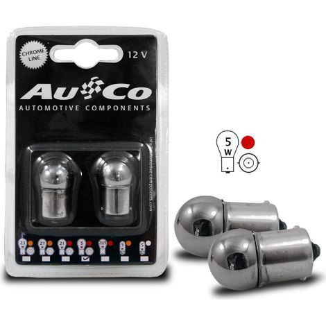 2 Ampoules BA15S Chromees - 12V - 5W - Eclairage Rouge - plots alignes - Feux