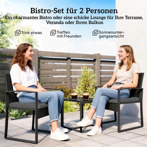 Ensemble de jardin en rotin, mobilier de terrasse 3 pièces avec 2 fauteuils, table de salon et coussins déhoussables, gris anthracite (1/4)