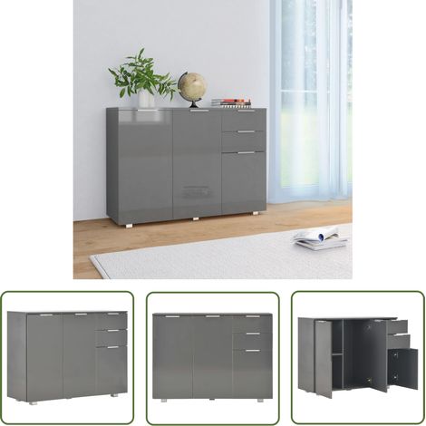 The Living Store Buffet Gris brillant 107x35x80,5 cm - Buffet - Armoire De Rangement - Meuble TV - Mobilier Moderne - Design Scandinave (1/5)