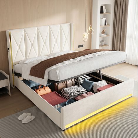 Bett Bettgestell 180x200 Stauraum Samt Beige OKMYHOME (1/5)