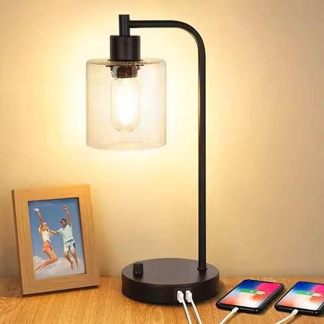 Lampe De Table LED Moderne, Veilleuse à Intensité Variable Avec Abat jour En Verre, Port De Charge USB/Type C, Culot E26/E27, 3 Modes D'éclairage, Pour Chambre à Coucher Chevet Bureau D'étude(1 piece) (1/5)
