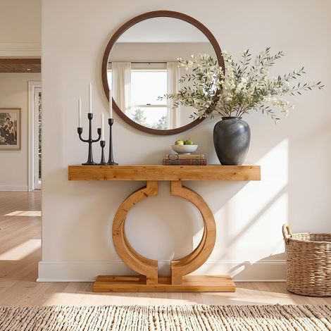 Tribesigns Console en bois massif de 110 cm de long en bois naturel avec pied double cercle artistique, table d'appoint étroite pour couloir, salon et chambre à coucher (1/5)