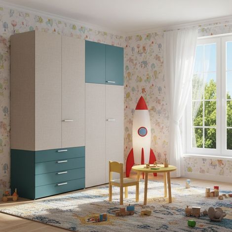 L.180 H.225,8 - Armadio con ante battenti e cassettiera interna - Effetto Tessuto e Verde Petrolio