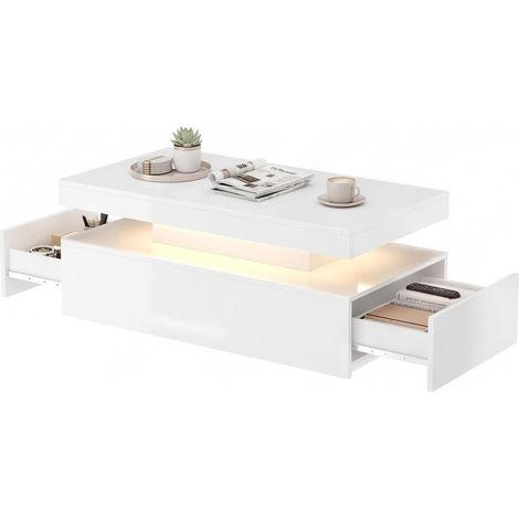 Table basse LED avec rangement, table de salon moderne à 2 niveaux avec 2 tiroirs, blanc brillant (1/5)