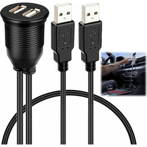 2 x USB 3.0 Male to Female Recessed Extension Cable, Dual USB Extension Cable, Recessed Mount Panel Holder, Dashboard Cable for Car, Boat and Motorcycle (1/5)