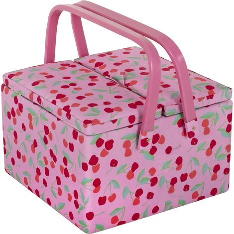 Grande boîte de rangement à double couvercle pour couture, passe-temps, plateau pour accessoires, poches pour coussin à épingles, poignées en PVC, 25 x 25 x 17 cm, Cerise (1/5)
