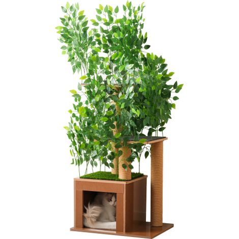 Kratzbaum Baumform 158 cm, Katzenbaum mit Höhle, 3 Plattformen, aus MDF, abnehmbare Blätter, wasserabweisend, kratzfest, 60x45x158 cm
