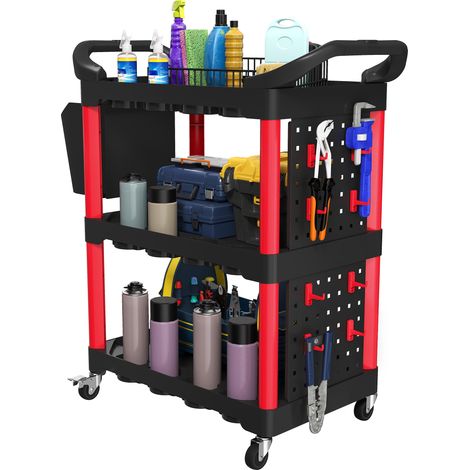 Chariot à outils à 3 niveaux avec panneaux perforés, poignée latérale, crochets, seau, noir et rouge (1/5)