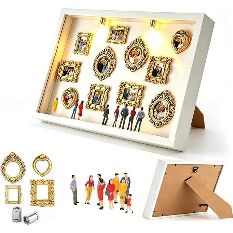 Mini Museum Bilderrahmen DIY, Kleine Foto Bilderrahmen Vintage, Mini Figuren Menschen Museum Silhouette Box mit LED Licht 8 Miniatur Menschen 11 Golden Rahmen für Hochzeit Jubiläum Home Decor (1/5)