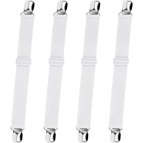 Soportes de esquina ajustables para sábanas ajustables elásticas, correas de fijación, clips de sujeción antideslizantes, compatible con camas de cuna a tamaño king, blanco, paquete de 4