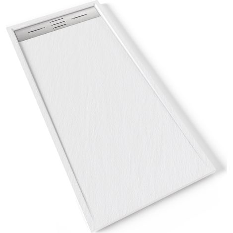 HIEMAL INOX Receveur de douche 70 x 150 cm résine Blanc aspect ardoise + bonde inox incluse - Salle de bain