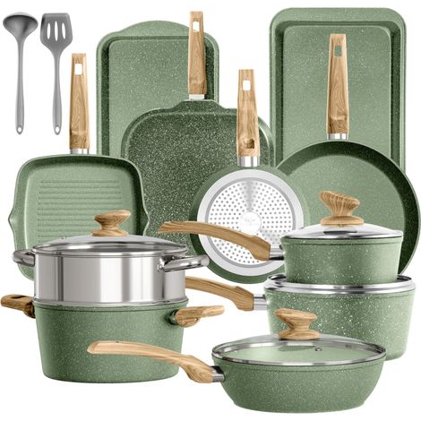 Kitchen Academy Topfset 17-teiliges Induktions-Kochgeschirr-Set mit Glasdeckeln und Granitbeschichtung inkl. Pfannen und Töpfe (grün 17 tlg)