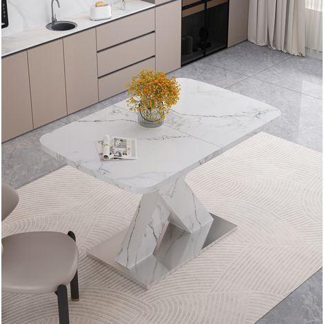 Mesa de comedor extensible de MDF blanco efecto mármol 120-160 cm rectangular con base de acero (1/5)
