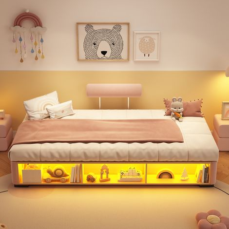 Cama tapizada infantil 200x91x71 cm, con estantería lateral LED, almacenaje abierto, terciopelo rosa (1/5)