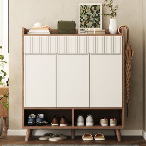 Meuble rangement chaussures 3 portes 2 tiroirs pieds en bois style bois blanc pour entrée couloir 90x35x100cm (1/5)
