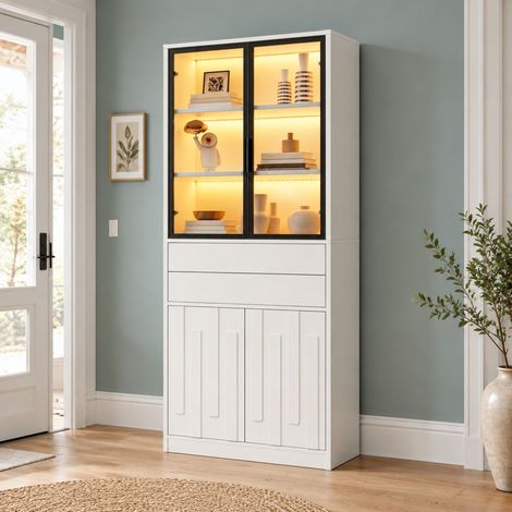 Vetrina LED alta 70x34x180 cm con 2 cassetti e ante in vetro, bianca DESVIAE (1/5)
