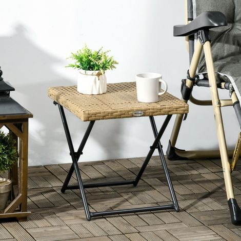 Table de Terrasse Pliante en Rotin PE, Pieds Croisés, Cadre Acier, pour Balcon ou Terrasse, 40 x 40 x 40 cm, Naturel (1/5)