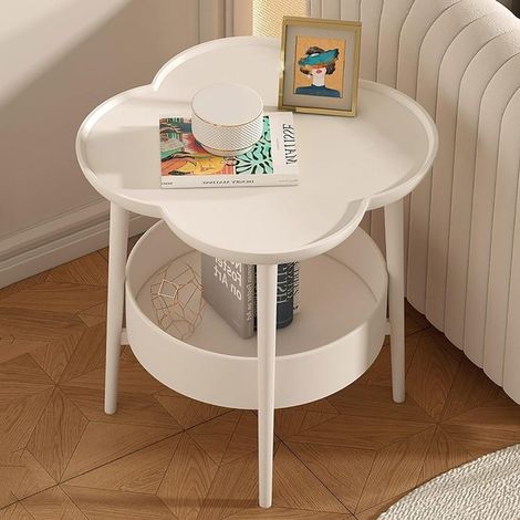 Table d'appoint blanche en forme de pétale, table basse à deux niveaux avec étagère et panier de rangement, idéale pour le salon, la chambre, le bureau, la terrasse, le balcon ou le jardin. (1/5)