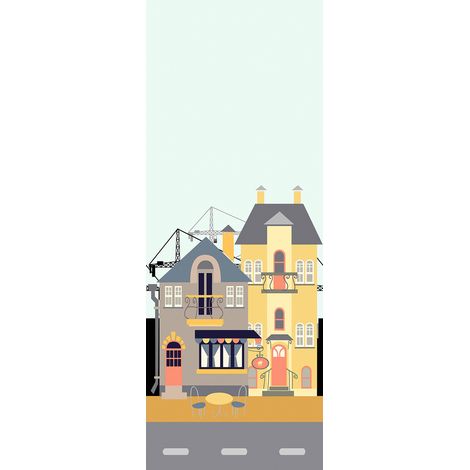 Papier peint panoramique graphique ville | Tapisserie panoramique bleue, grise et jaune | Papier peint panoramique pour chambre d'enfant - 267 x 100 cm (1 pièce) (1/3)