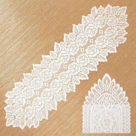 Juego de 2 caminos de mesa rectangulares de encaje blanco que miden 119 x 35 cm para mesas de tocador. (1/5)