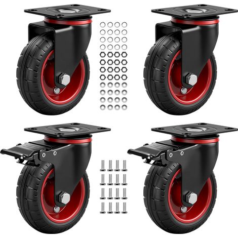 Ø 100 mm Lot de 4 Roulette Pivotantes + Roulette à frein, 600Kg max, Rotation à 360° Roulettes Silencieuses, pour Manutention et Transport