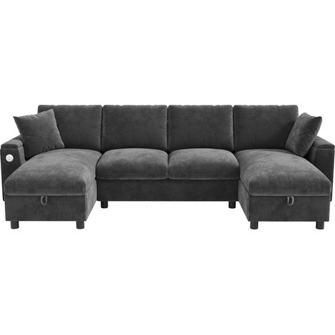 Modernes U-Sofa aus grauem Chenille mit Stauraum, USB- und Type-C-Anschluss, 279 x 135 x 84 cm (1/5)
