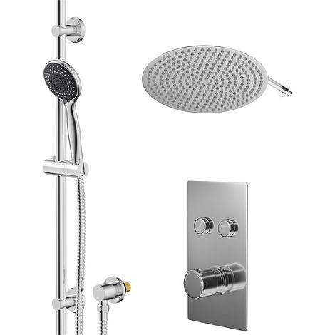 Circo Polished Chrome Concealed Push Button Twin Shower Valve and 400mm Thin Round Fixed Head with Wall Arm and Clyde Slide Rail Kit with Round Elbow - 2 Outlet (1/5)