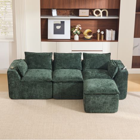 Canapé modulaire 256x161x75 cm vert en chenille avec repose-pieds, poches latérales et coussins (1/5)