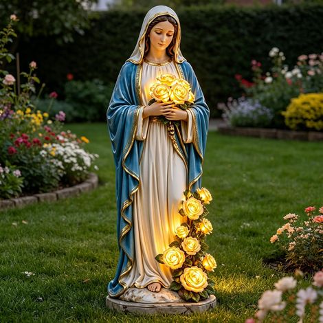 Lampe de jardin Vierge Marie - Statue solaire avec roses lumineuses - Décoration en résine pour extérieur, patio, porche, cour, cadeau commémoratif, fête des mères, cadeau religieux chrétien (1/5)