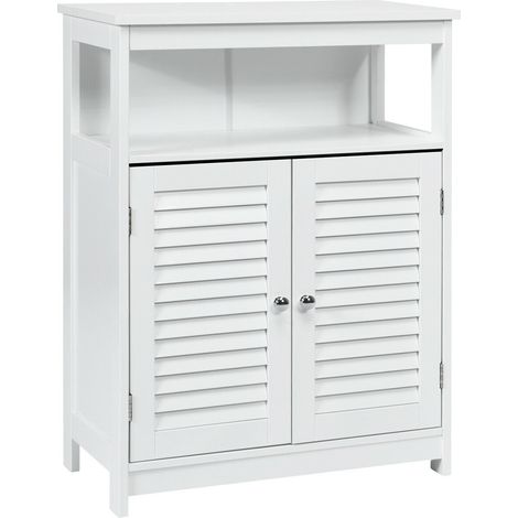 Meuble de rangement de salle de bain autoportant en bois avec double porte à persiennes - blanc (1/5)