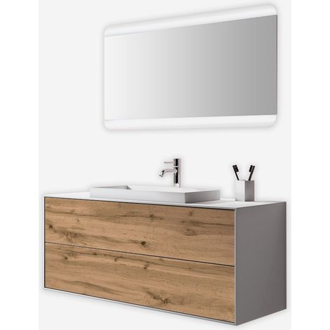 Mobile bagno sospeso con specchio LED e lavabo 3 pezzi Igea - Rovere