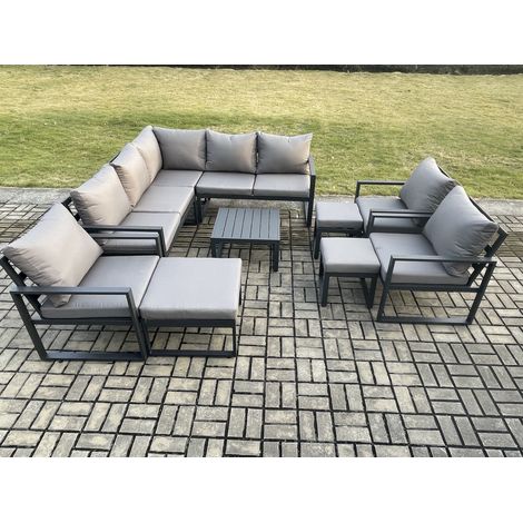 Fimous 11 Seater Outdoor Aluminium Garden Furniture Set Corner Lounge Sofa Set with Square Coffee Table Chair 3 Footstools Dark Grey (1/5)