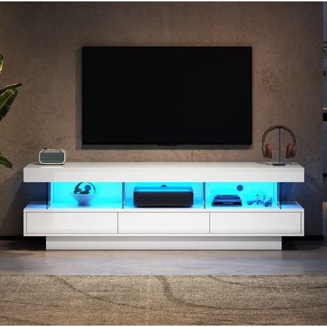 Meuble TV 160 cm blanc avec 3 compartiments vitrés, éclairage LED Bluetooth HAVRYA (1/5)