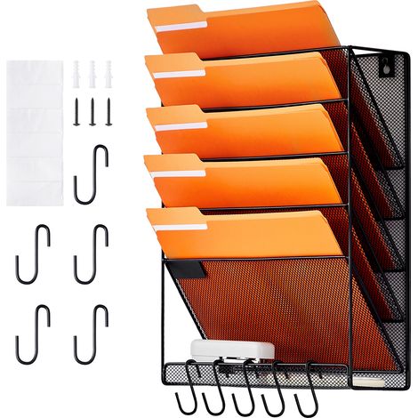 Mophorn Support mural pour dossiers, support mural en maille monobloc à 6 poches, dossier de rangement mural pour magazines, courrier, papier et documents, organisateur de dossiers mural en métal (1/5)
