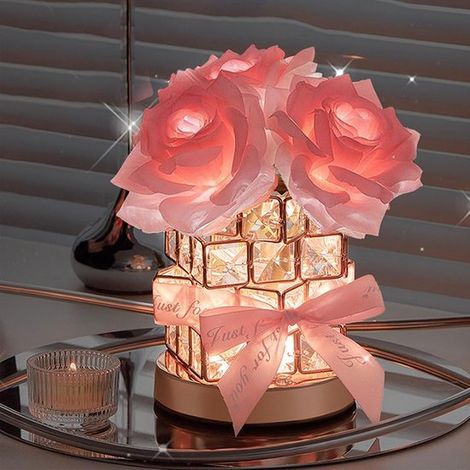 Lampe de table en cristal, lampe rose sans fil rechargeable, trois couleurs à intensité variable, lumière rose LED romantique, motif diamant - rose (1/5)