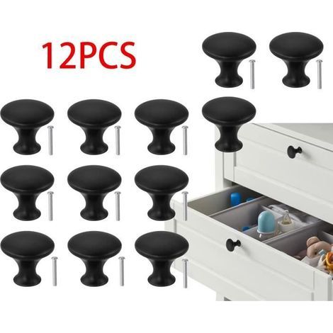 HONORNIC - Boutons de Tiroir,Bouton de Porte Noir Mat,Poignee de Meuble Cuisine,Boutons de Placard Ronds Avec Vis,Pour Commodes,Armoires(12pcs)