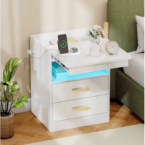 Nachttisch mit Ladestation, RGB-LED-Beleuchtung, 45 x 40 x 59 cm, Hochglanzweiß OKMYHOME (1/5)