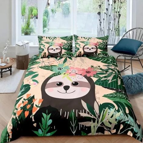 Housse de couette nordique 220 x 260 cm, imprimé plantes vertes, microfibre, fermeture éclair invisible (1/4)