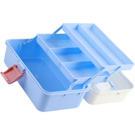 Boîte de rangement pour étudiant en art, grande boîte de rangement épaisse à 3 compartiments, en plastique blanc et bleu, taille 551, petite taille. (1/5)