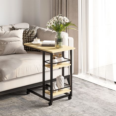 Mesa Auxiliar con Ruedas Mesa Lateral en Forma de C con 2 Estantes Estilo Moderno 60x34,5x64,5 cm Natural (1/5)