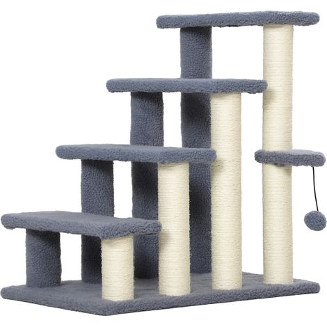 Escalera para Gatos 4 niveles Cubierto Felpa Poste Sisal Bola Colgante 60x40x64 cm Gris