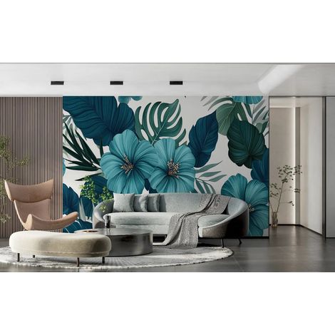 Papier Peint Tropical – Hibiscus Sarcelle et Feuillage - 500 x 270 cm (1/2)
