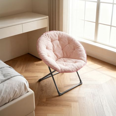 Fauteuil soucoupe pliable effet peau de mouton – Fauteuil lune portable, doux et pliable – Pour chambres, dortoirs, appartements, espaces de détente, jardins et terrasses – Rose