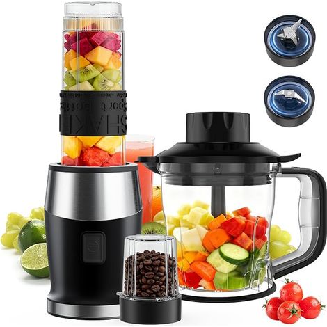 Blender 3-in-1, 700W Smoothie Stainless Steel Blades 24000RPM, 1.2L Pot/570ml Sports Bottle/300ml Grinding Cup, Easy Cleaning, Silver/Black (1/4)