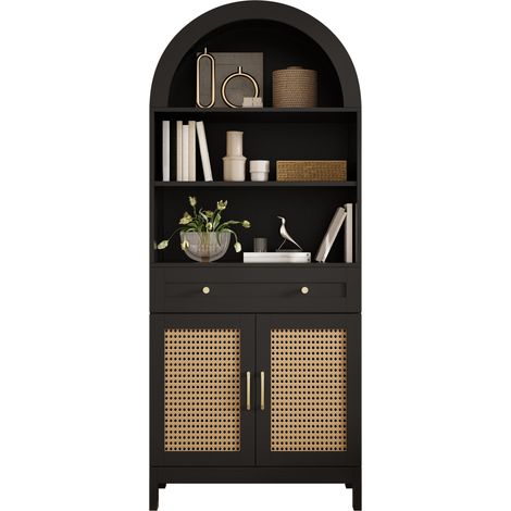 Vetrina contenitore CHICFURN 70 x 40 x 170 cm in MDF nero e legno, 3 vani, 1 cassetto (1/5)