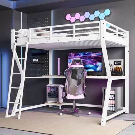 DESVIAE Lit mezzanine 90 x 200 cm avec bureau étagère pour ordinateur prises USB LED garde corps escalier métal MDF blanc (1/5)