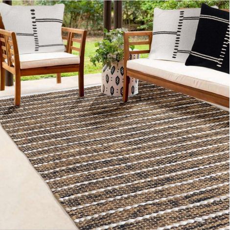 Tapis rectangulaire en jute et coton, effet rayé noir beige écru, 100x150cm - Atout Ciel 69012 (1/4)