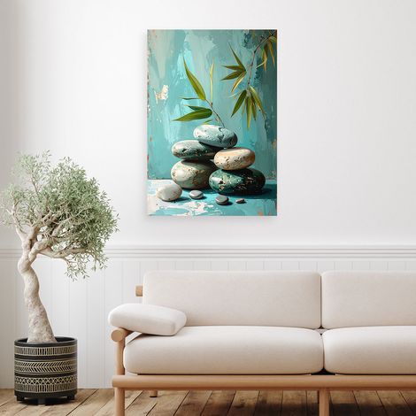 Wandbild Zen Spa Steine Blätter auf türkisfarbenem Hintergrund 40x60 (1/4)