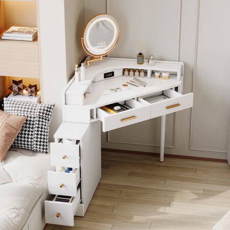 Coiffeuse d'angle, avec miroir LED rotatif (lumineuse dimmable), 5 tiroirs, ports USB et USB-C, blanc-105,5 x 75 x 120 cm